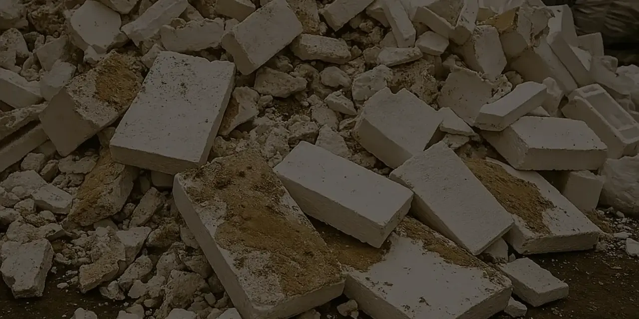 Stos białych, połamanych kawałków styropianu z widocznymi śladami ziemi.