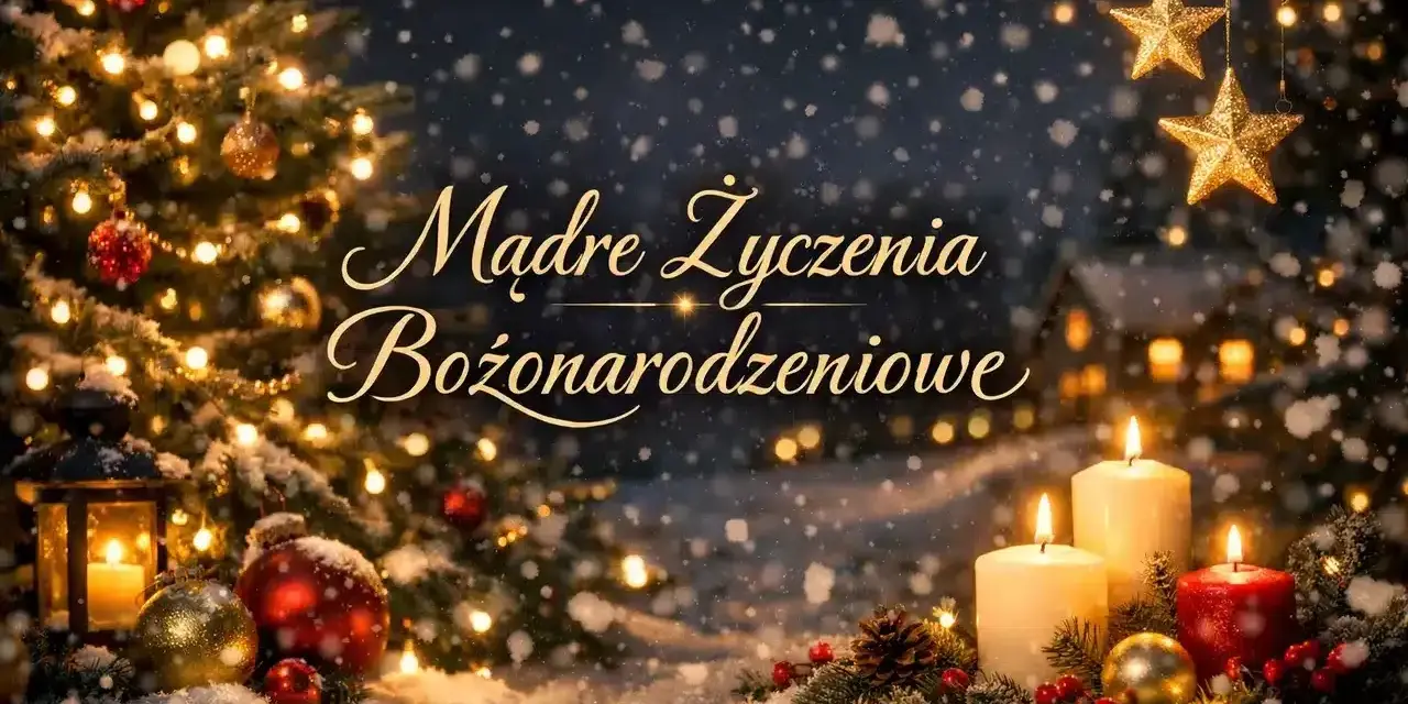 Śnieżna noc, choinka, świece i gwiazdy tworzą magiczną atmosferę. Złoty napis "Mądre Życzenia Bożonarodzeniowe" zaprasza do ciepłych chwil.