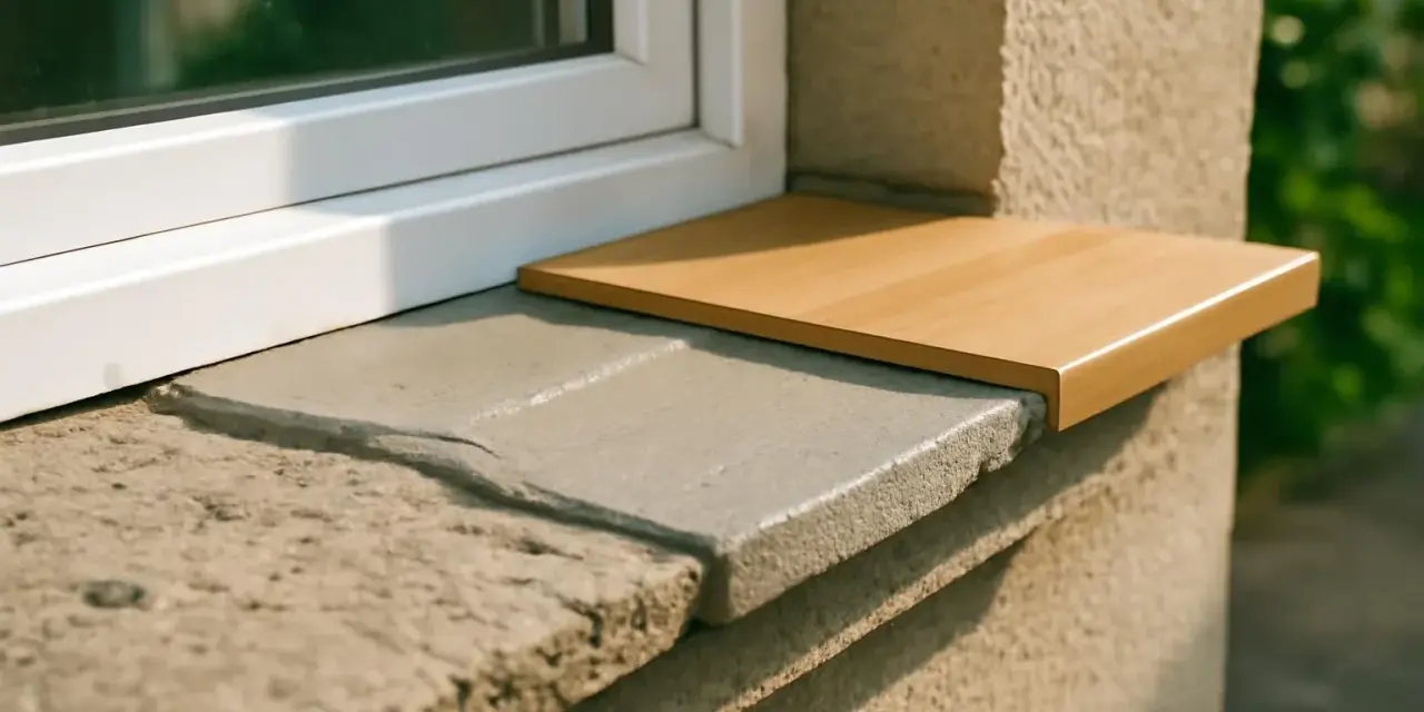Nouvel appui de fenêtre extérieur en bois clair, remplaçant l'ancien en pierre usée.