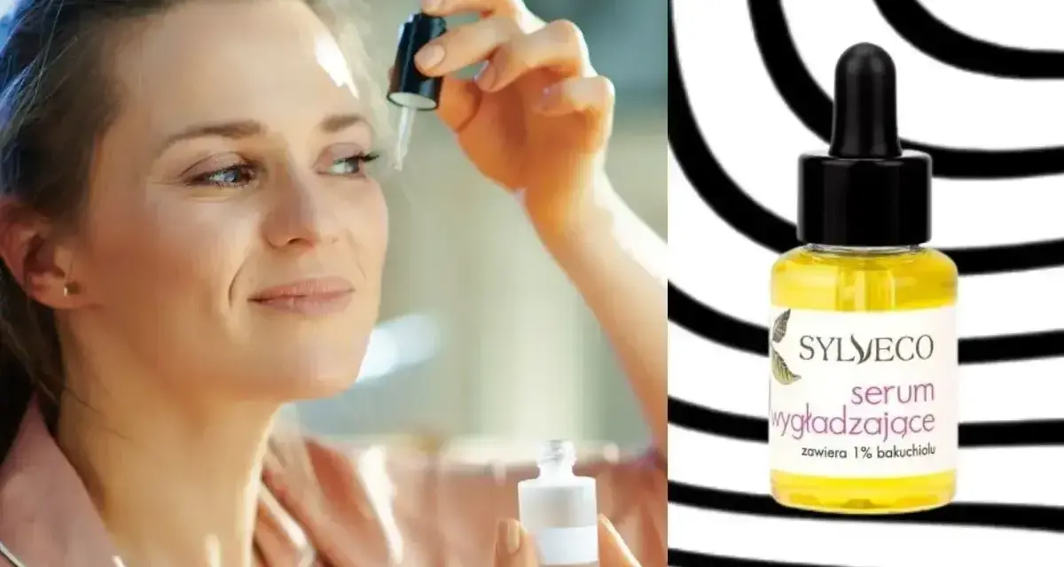 Kobieta aplikuje serum rewitalizujące Sylveco. Dostępne w Rossmannie, to serum wygładzające z bakuchiolem.
