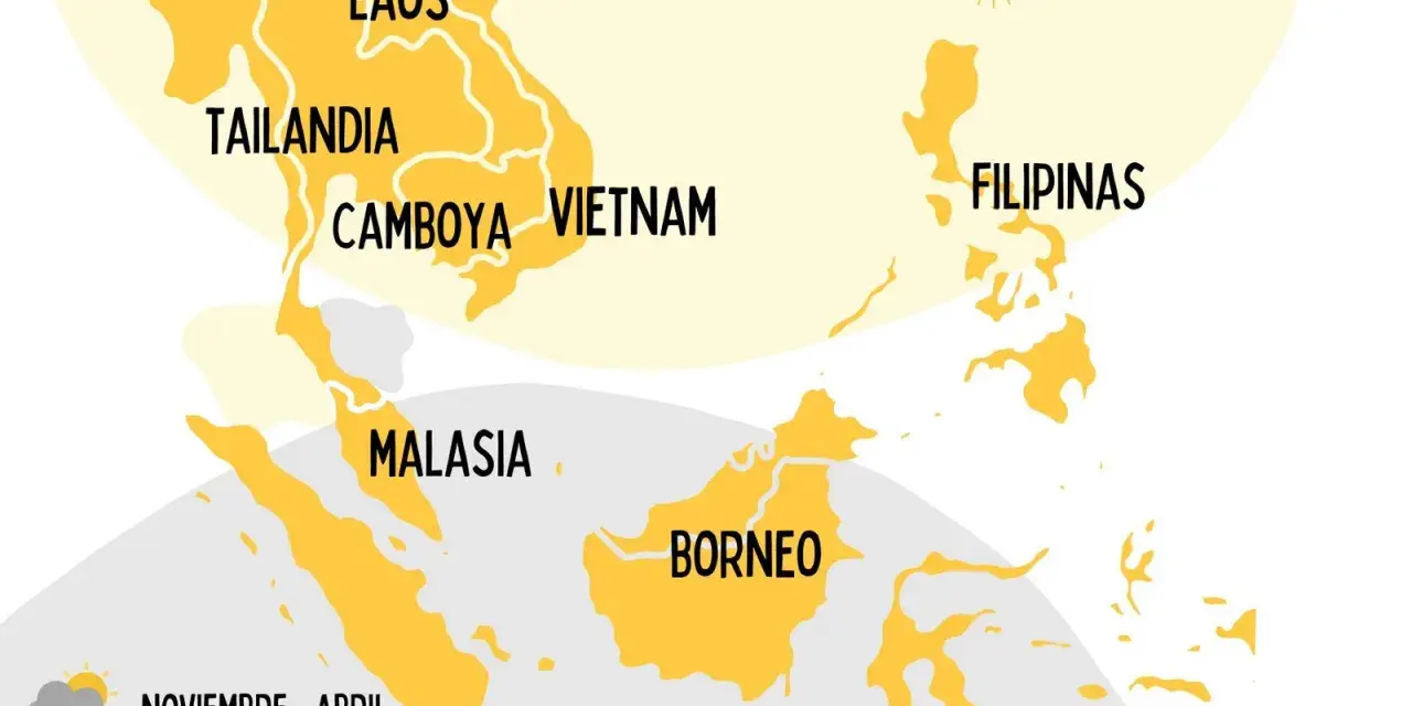 Mapa Azji Południowo-Wschodniej z zaznaczoną Malezją. Podpowiada, kiedy jechać: maj-październik lub listopad-kwiecień.