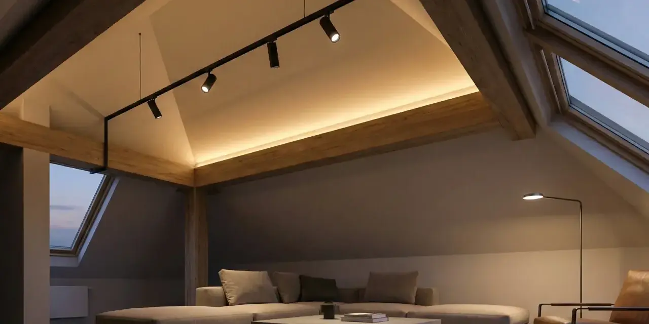Accogliente mansarda con tetto spiovente, illuminazione a faretti e luce d'ambiente calda.