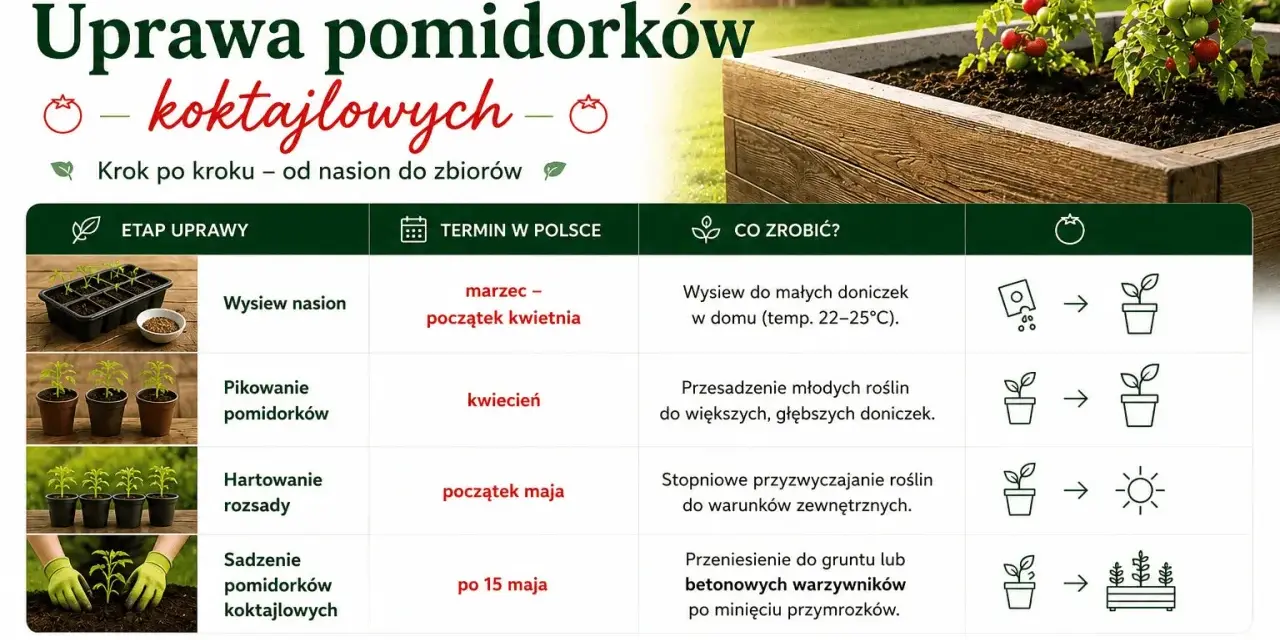 Uprawa pomidorków koktajlowych krok po kroku: od wysiewu nasion po zbiory. Poradnik zawiera terminy i wskazówki.