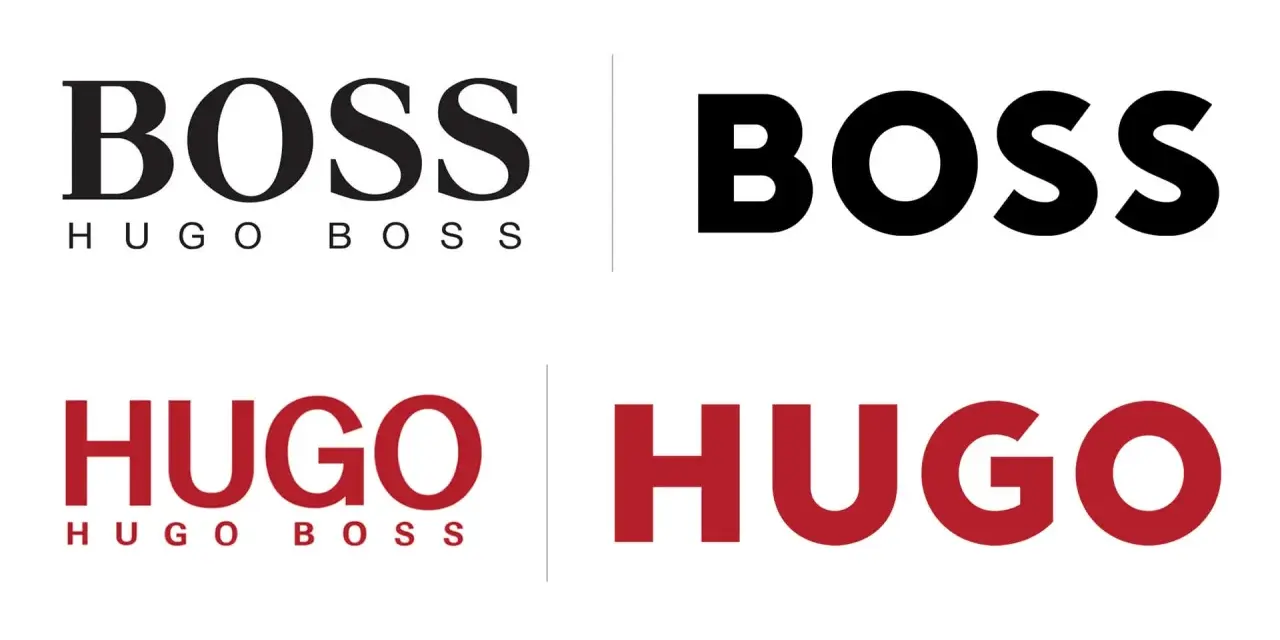 Loghi BOSS e HUGO. La differenza tra Hugo e Boss è visibile nei font e nei colori, con BOSS in nero e HUGO in rosso.
