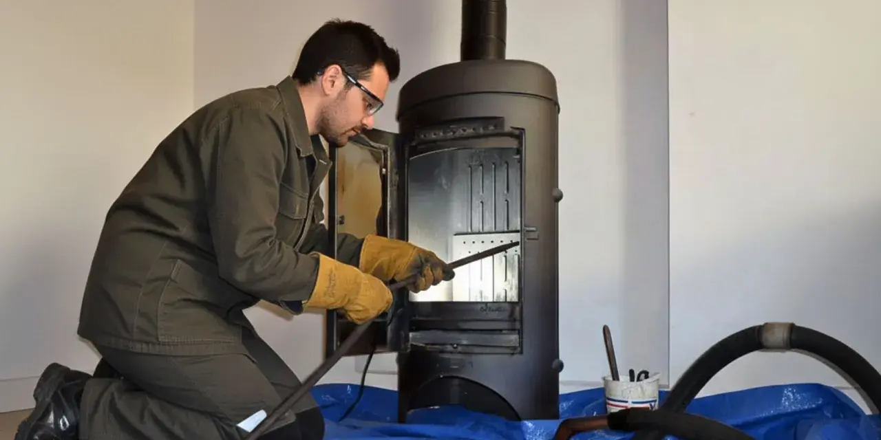 Un homme en tenue de travail effectue le ramonage d'un poêle à bois, ganté et muni d'outils.