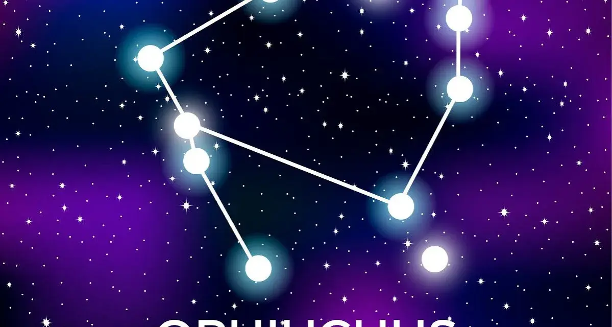 Gwiazdozbiór Wężownika, jeden z 13 znaków zodiaku, na tle nocnego, gwieździstego nieba.