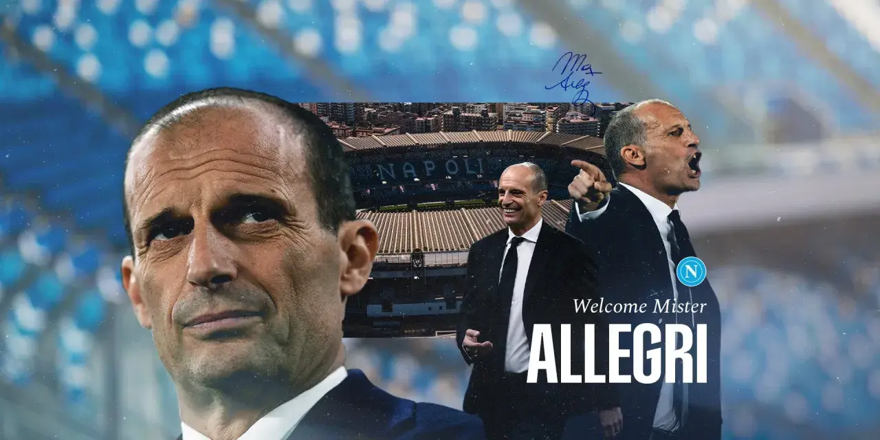 Max Allegri, nowy trener Napoli, w garniturze na tle stadionu.