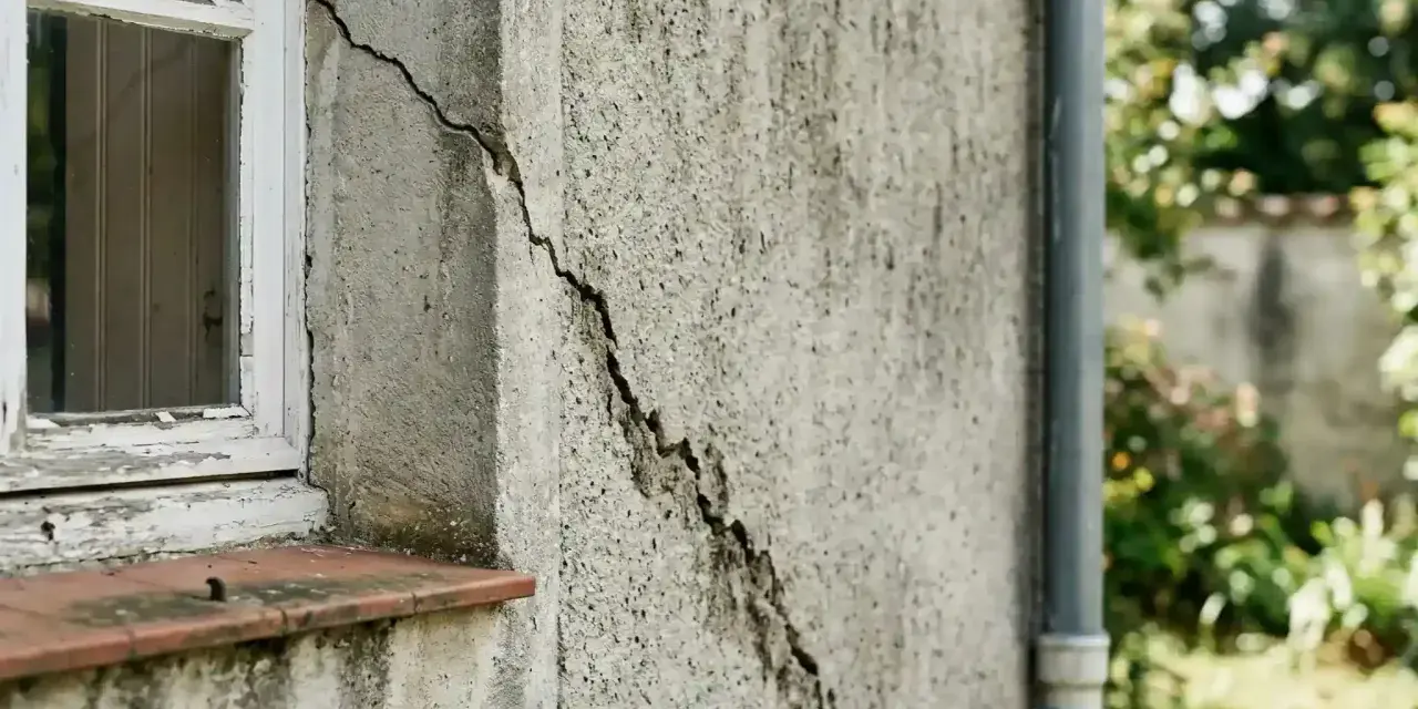 Grosse fissure sur mur extérieur près d'une fenêtre, nécessitant une réparation. Le crépi est abîmé.