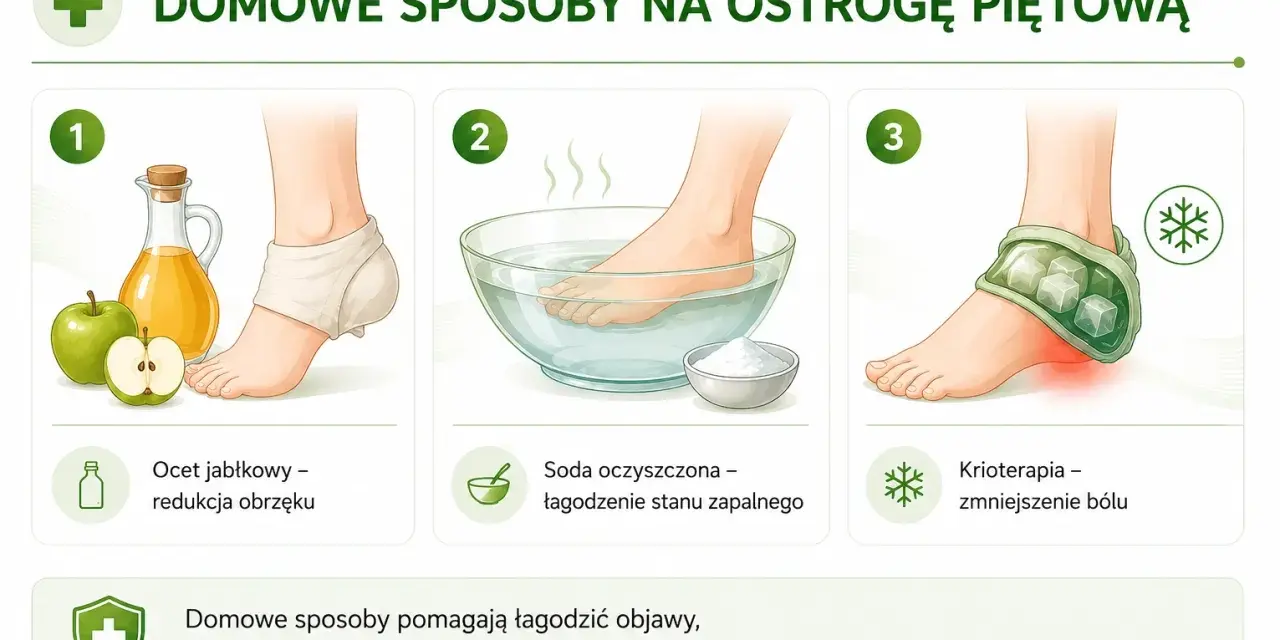 Domowe sposoby na ostrogę piętową: okład z octu jabłkowego, kąpiel z sodą, krioterapia. Pomagają złagodzić ból pięty.