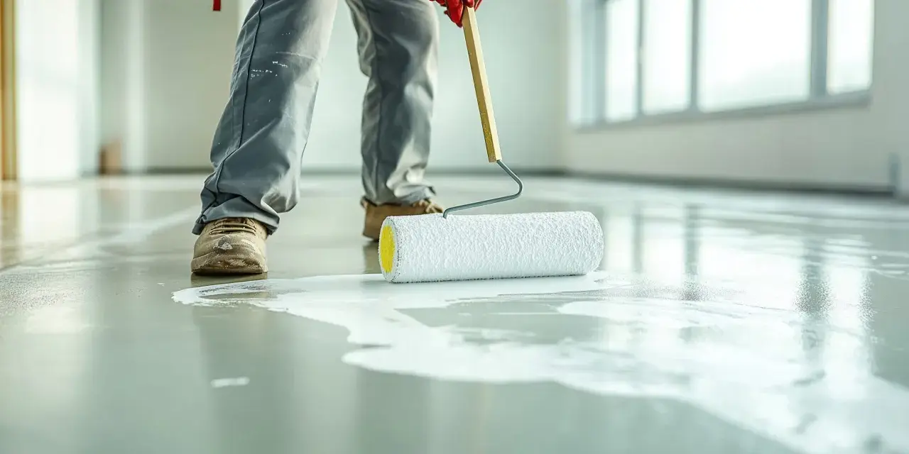 Application d'une primaire d'accrochage avant étanchéité sur un sol en béton. Un ouvrier en combinaison grise et gants rouges utilise un rouleau pour étaler le produit blanc.