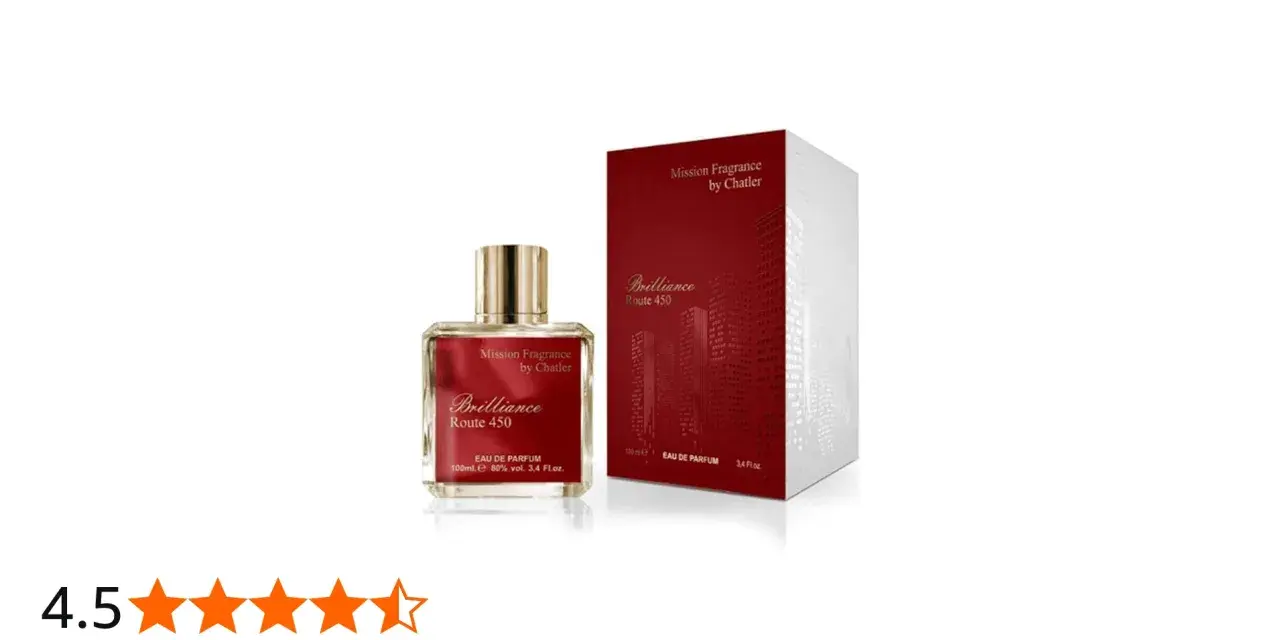 Elegancka butelka perfum "Brilliance Route 450" od Chatler i jej czerwone opakowanie z motywem miasta.