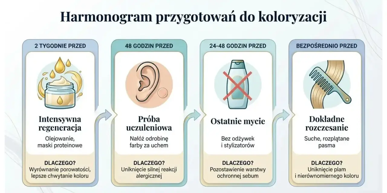 Harmonogram przygotowań do farbowania włosów: regeneracja, próba uczuleniowa, ostatnie mycie i rozczesanie.
