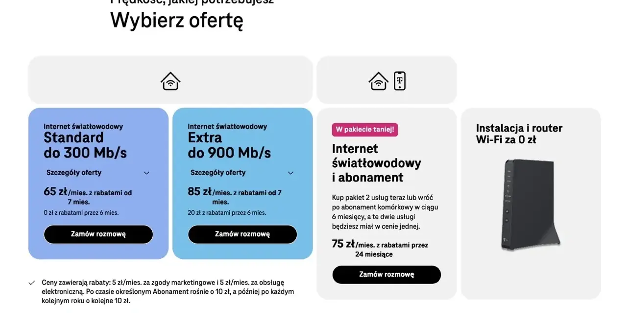 Pakiety t mobile: Internet światłowodowy Standard do 300 Mb/s za 65 zł/mies. i Extra do 900 Mb/s za 85 zł/mies. Dostępne też pakiety z abonamentem.