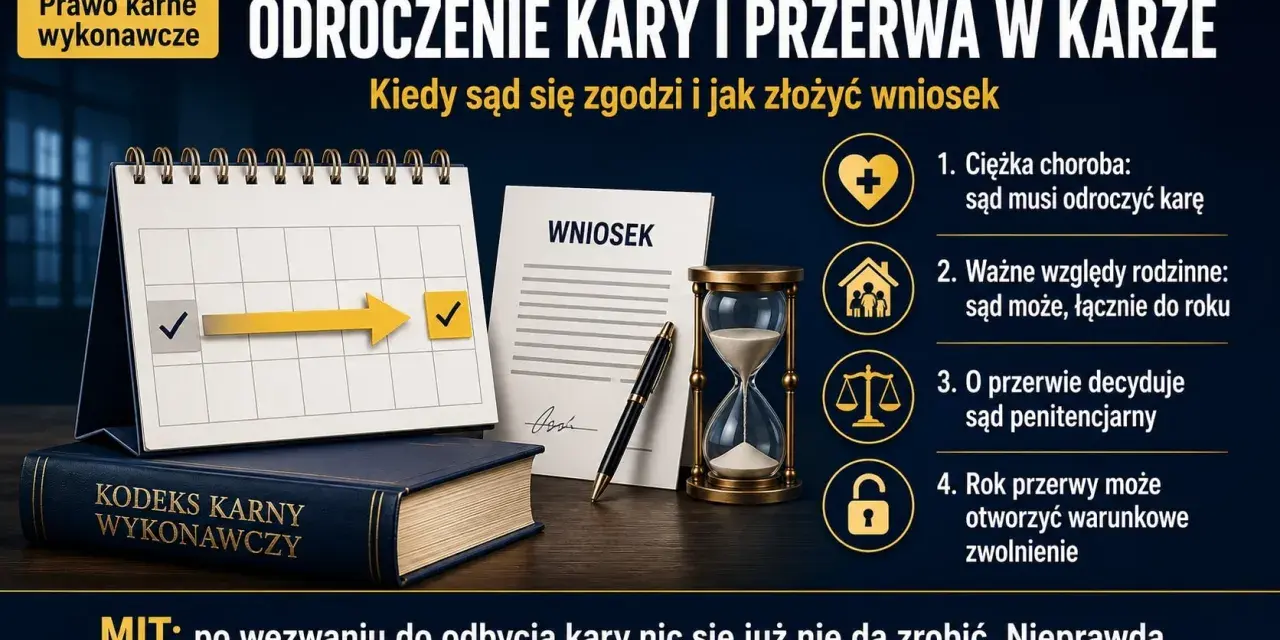 Kalendarz, wniosek i klepsydra symbolizują odroczenie kary wg 9 kkw. Sąd może zgodzić się na przerwę w odbywaniu kary.
