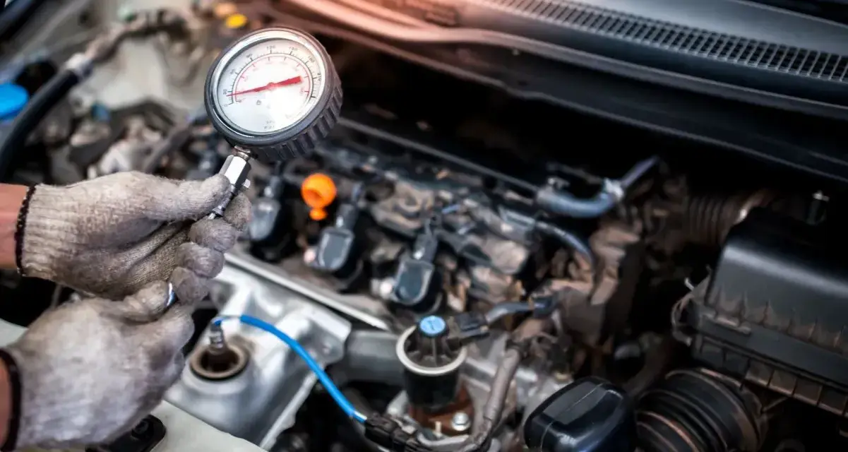 Mechanik sprawdza jakie minimalne ciśnienie sprężania diesel za pomocą manometru.