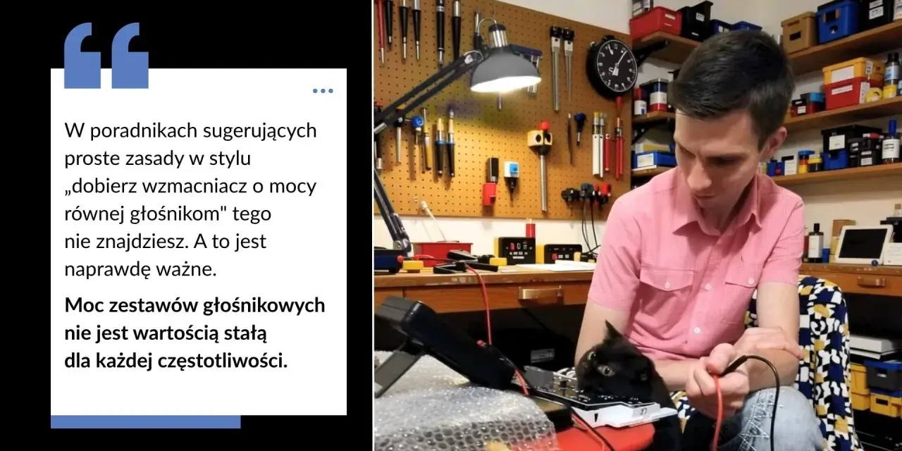 Mężczyzna z kotem przy biurku z narzędziami. Tekst o doborze wzmacniacza do głośników i mocy RMS.