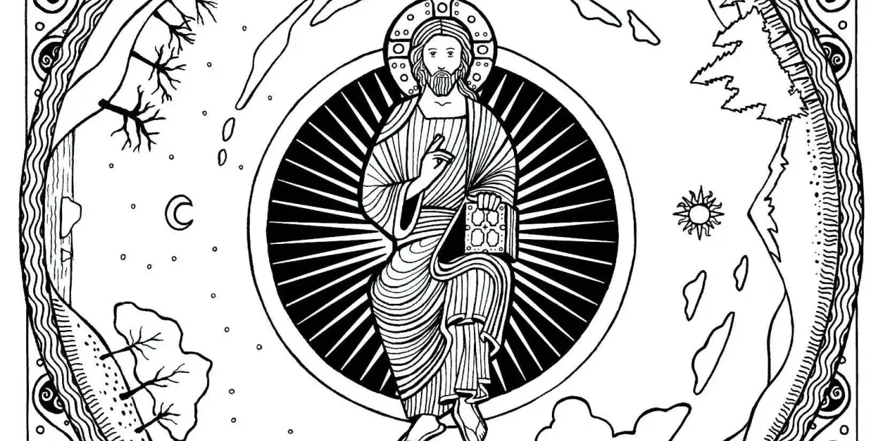 Illustration of Christ in a halo, holding a book, reminiscent of a divine office hymnal, surrounded by celestial and earthly elements.