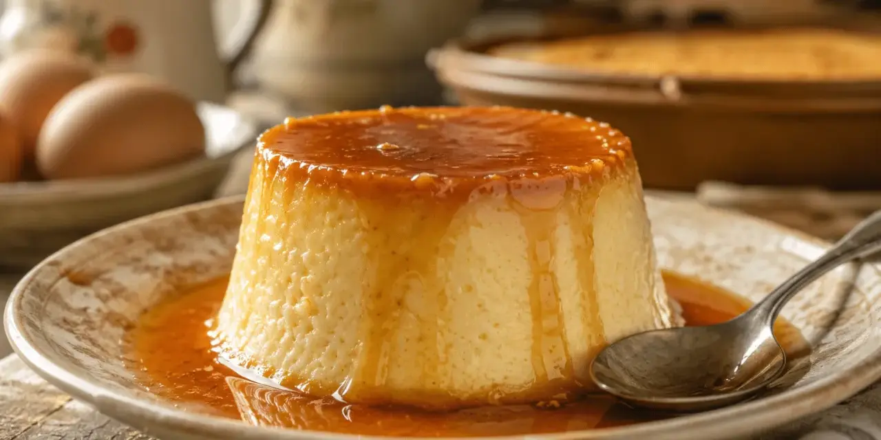 Delicioso flan de huevo casero con caramelo líquido, listo para disfrutar.