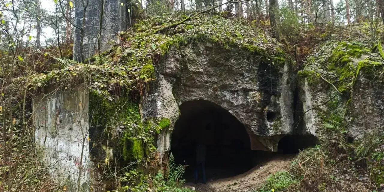 Ruiny twierdzy Osowiec, porośnięte mchem i liśćmi, zapraszają na zwiedzanie. Wejście do bunkra w lesie.