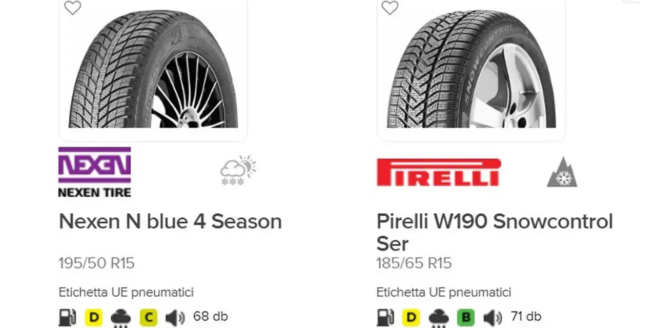 Pneumatici Nexen N blue 4 Season e Pirelli W190 Snowcontrol, con etichette UE che indicano consumi, aderenza sul bagnato e rumorosità, utili per valutare l'usura gomme auto.