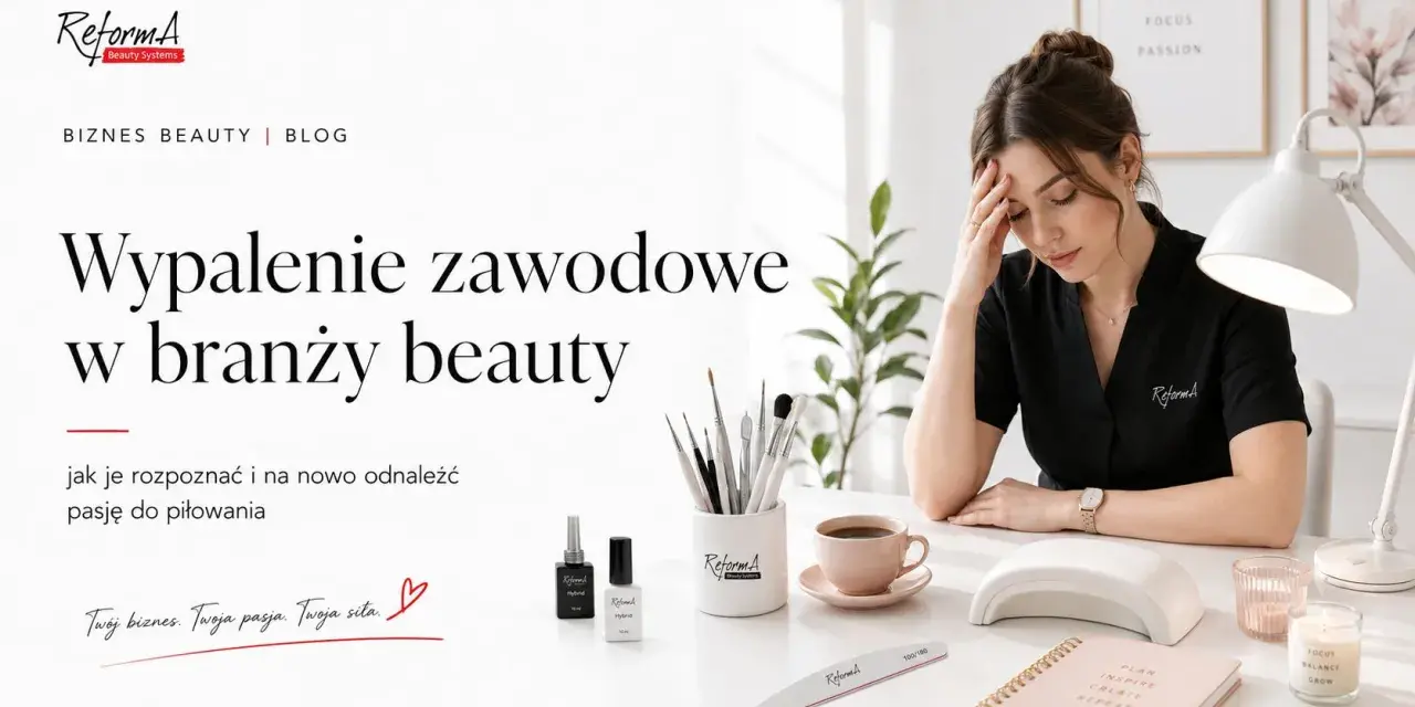 Zmęczona stylistka z dłonią na czole, przy biurku z kosmetykami. Temat: wypalenie zawodowe w branży beauty.