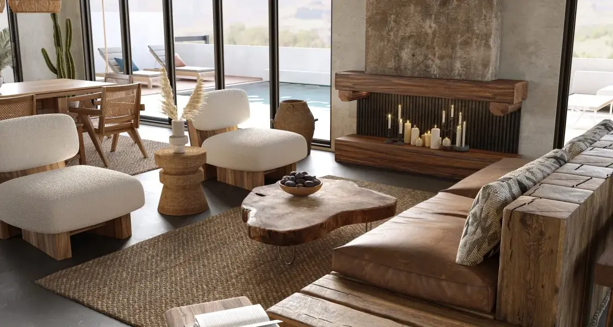 Un acogedor salón wabi sabi con sofá de madera rústica, chimenea de piedra y muebles de fibras naturales.