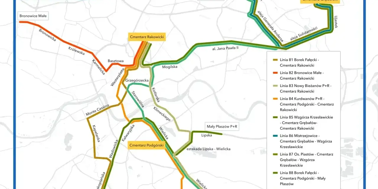Mapa Krakowa z zaznaczonymi liniami tramwajowymi, w tym linia c łącząca Cmentarz Rakowicki z Bronowicami Małymi.