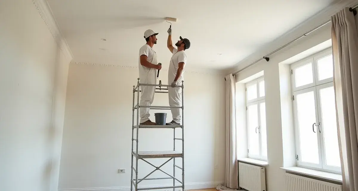Deux peintres sur un échafaudage peignent un plafond. Ils se demandent combien de temps pour peindre un plafond de 50m2.