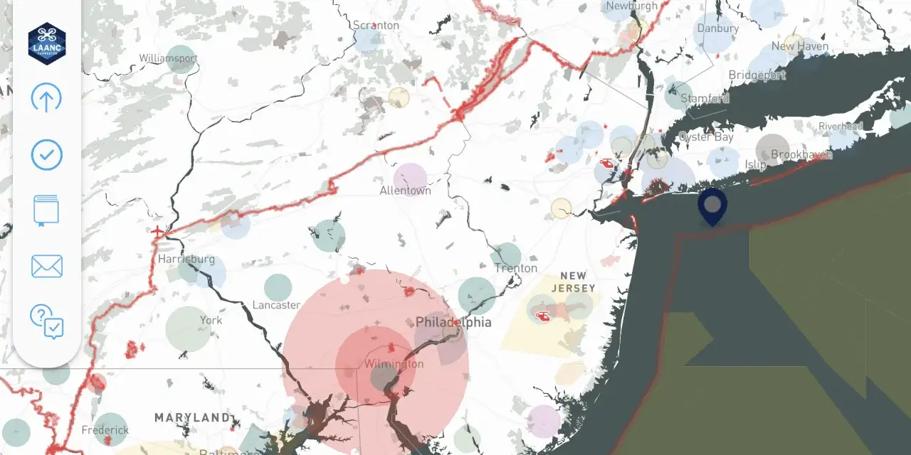 Map showing flight restrictions and drone activity across the Northeast US, with a focus on nj drones.