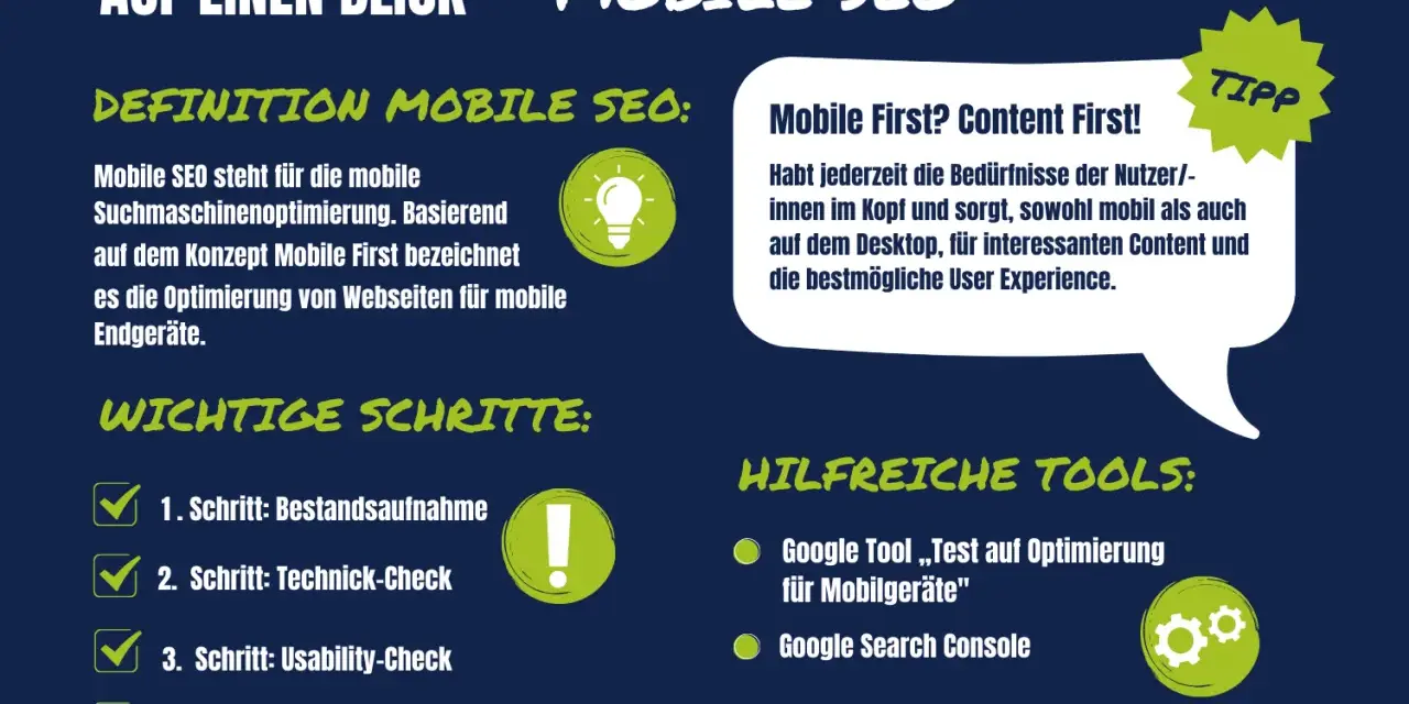 Mobile SEO: Wichtige Schritte & Tools für optimale Webseiten. Fokus auf Nutzererlebnis, Content & Technik für mobile Geräte.