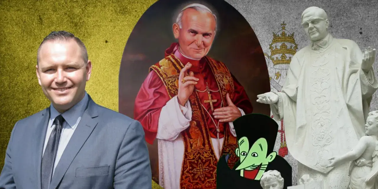 Mężczyzna w garniturze, portret Jana Pawła II, rzeźba papieża i postać z kreskówki. Znaczenie imienia Paweł jest tu symboliczne.