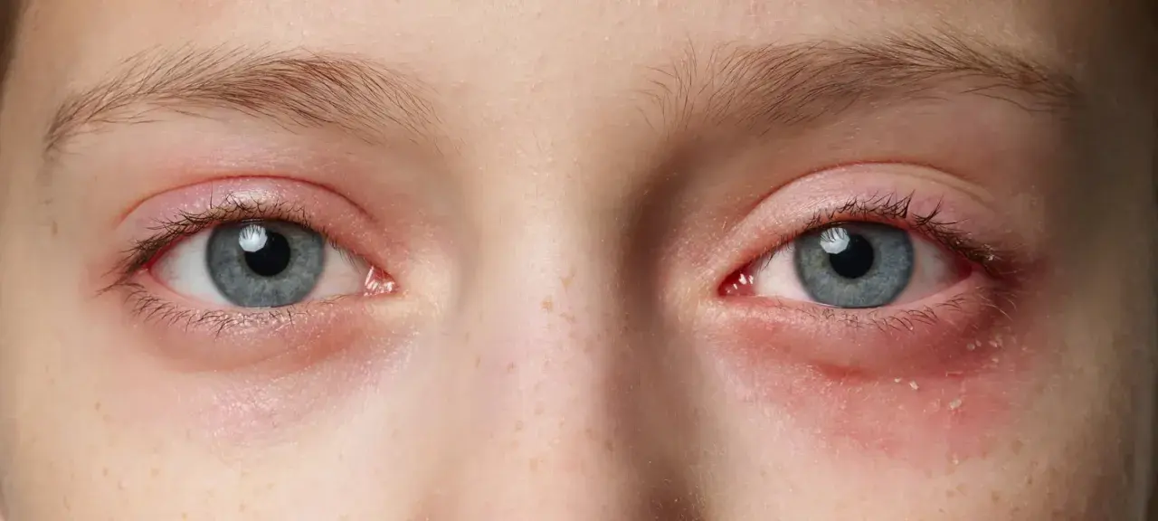 Nahaufnahme der Augen eines Kindes mit geröteten, gereizten Augenlidern und einem leichten Ausschlag unterm Auge.