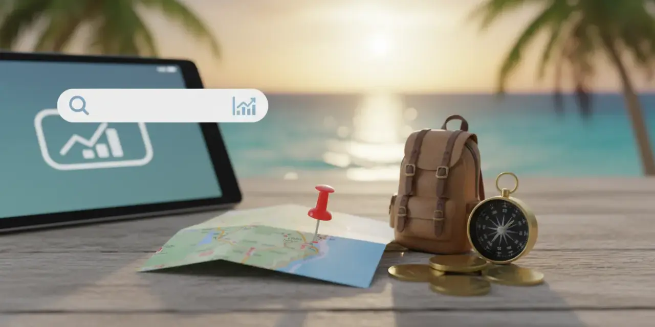 Tablet z wyszukiwarką, mapa, plecak, kompas i monety na tle plaży.