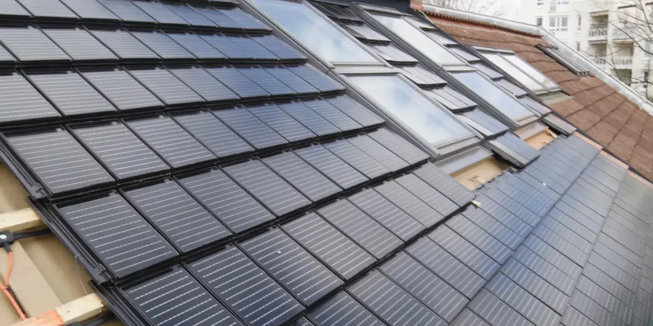 Dachziegel mit integrierten Solarzellen, die eine moderne Alternative zu herkömmlichen Ziegeln darstellen. Die Frage "was kostet ein Dachziegel" wird hier durch die innovative Technologie beantwortet.
