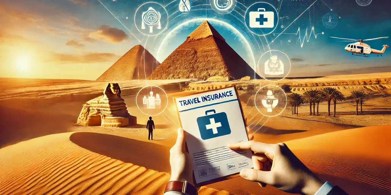 Ubezpieczenie turystyczne Egipt: Piaskowe wydmy, piramidy i Sfinks. W rękach dokument "Travel Insurance" z symbolem apteczki. W tle helikopter i ikony medyczne.