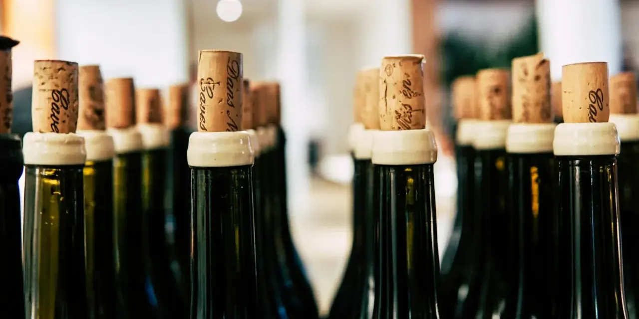 Rzędy butelek z korkami, gotowe na degustację. Każdy korek to obietnica smaku, jak wino wytrawne po włosku.