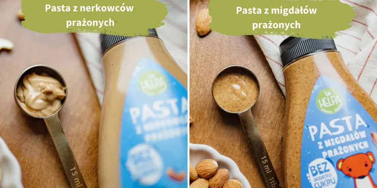 Dwie łyżki z pastą orzechową: z nerkowców i migdałów, obok butelek z pastami.