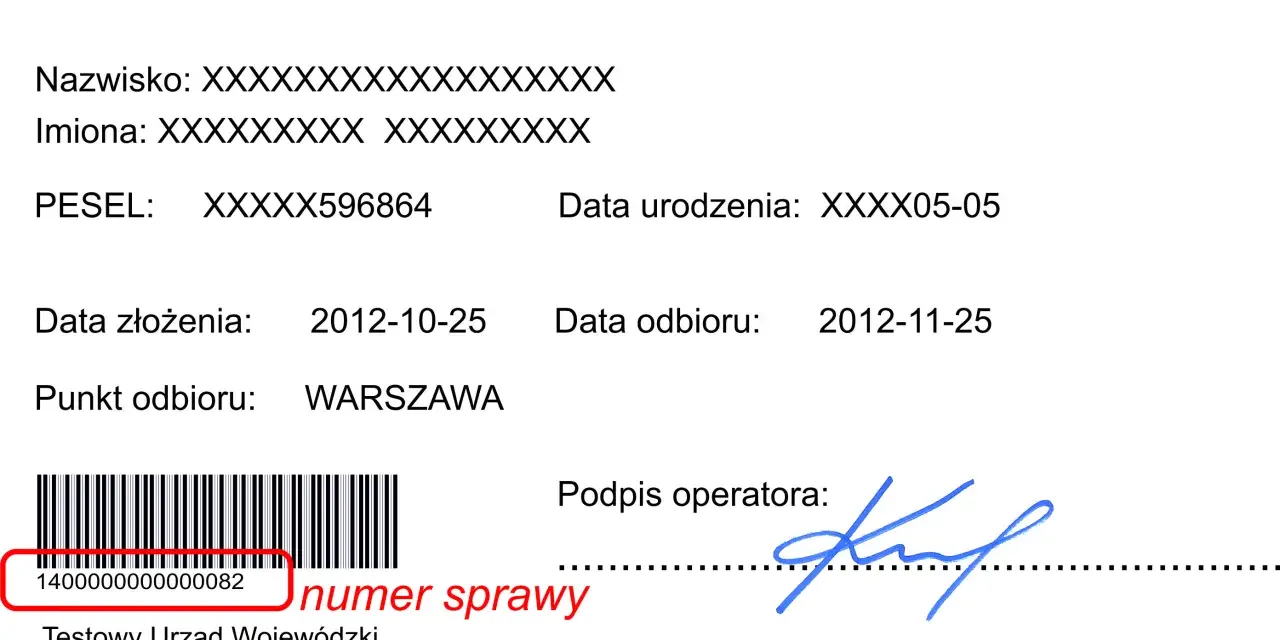 Potwierdzenie złożenia wniosku o wydanie paszportu z numerem sprawy i kodem kreskowym.