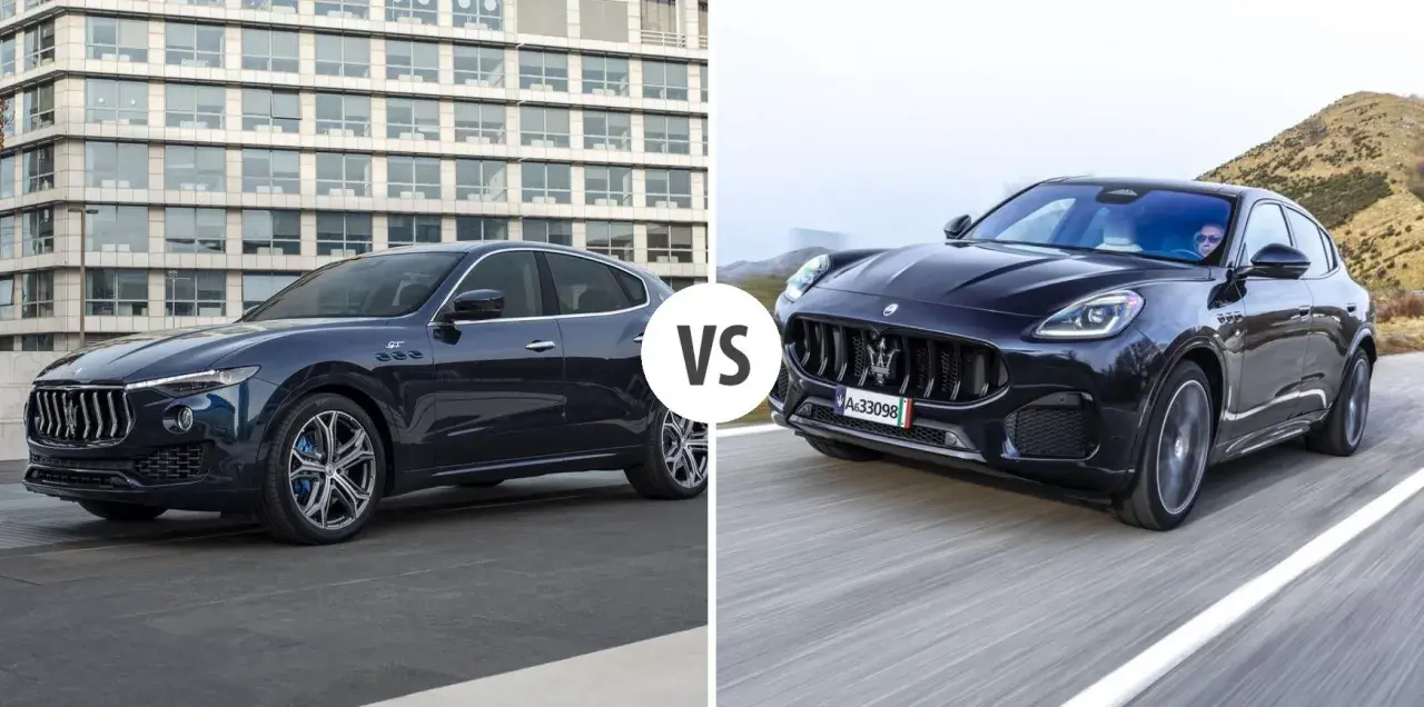Dwa luksusowe Maserati SUV: jeden elegancki, stojący przed budynkiem, drugi dynamicznie pędzący po górskiej drodze.