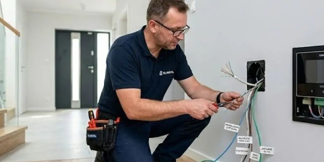 Elektryk podłączający kable domofonu i elektrozaczepu.