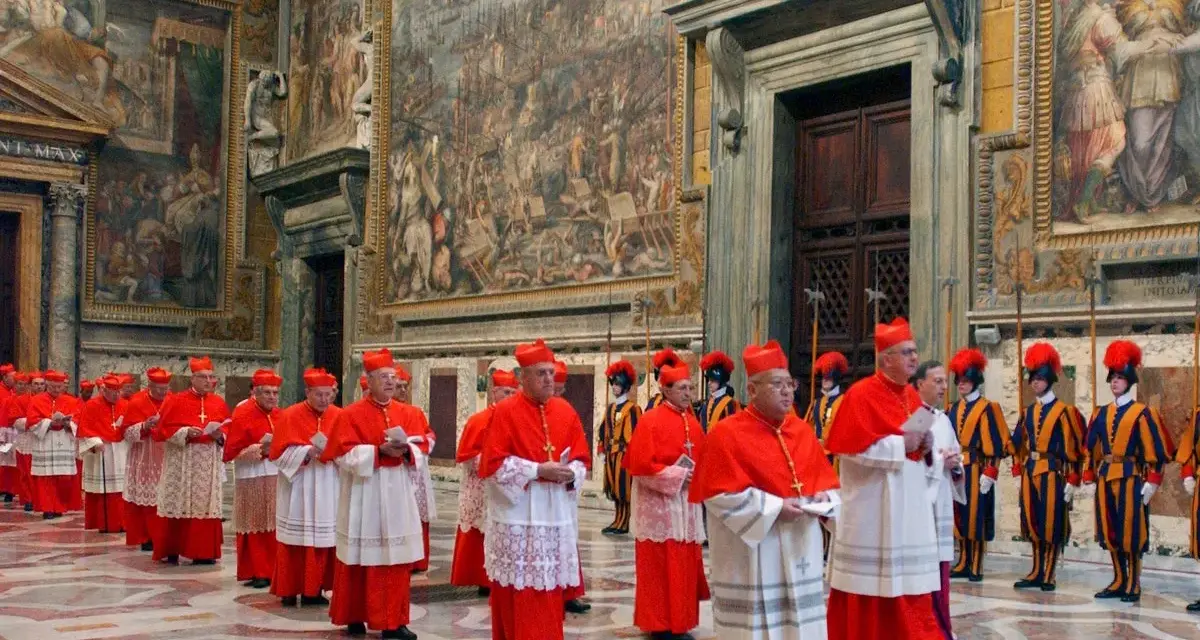 Cardinals in red robes process through a grand hall, a scene hinting at how the Pope is chosen through conclave.