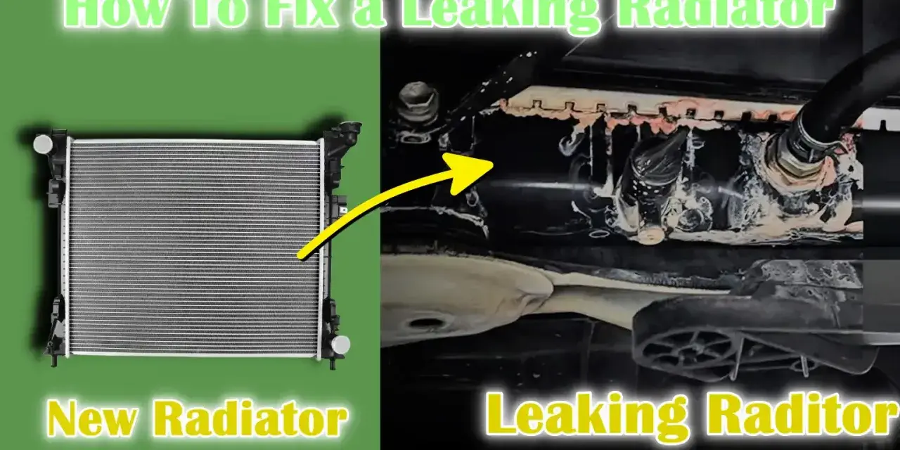 Learn what to do if a radiator is leaking. Image shows a new radiator next to a leaking one with a yellow arrow.