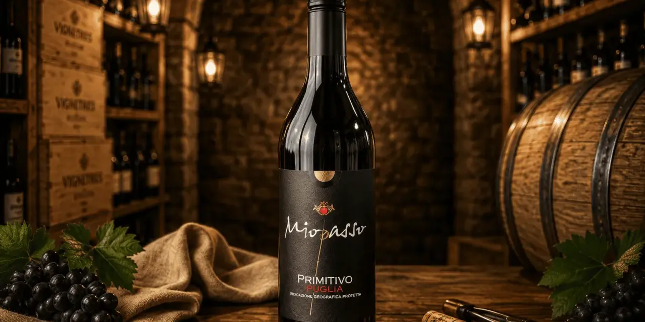 Butelka wina Primitivo Puglia na drewnianym stole, w tle piwniczka z winami, beczka i winogrona.