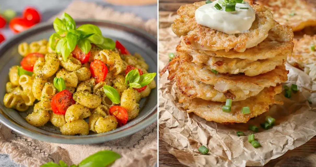 Dwa szybkie dania: makaron z pesto i pomidorkami oraz stos placków ziemniaczanych ze śmietaną.