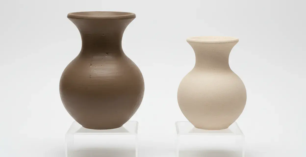 Två vaser, en i mörkbrun och en i ljusbeige, som om de vore formade av blå lera.