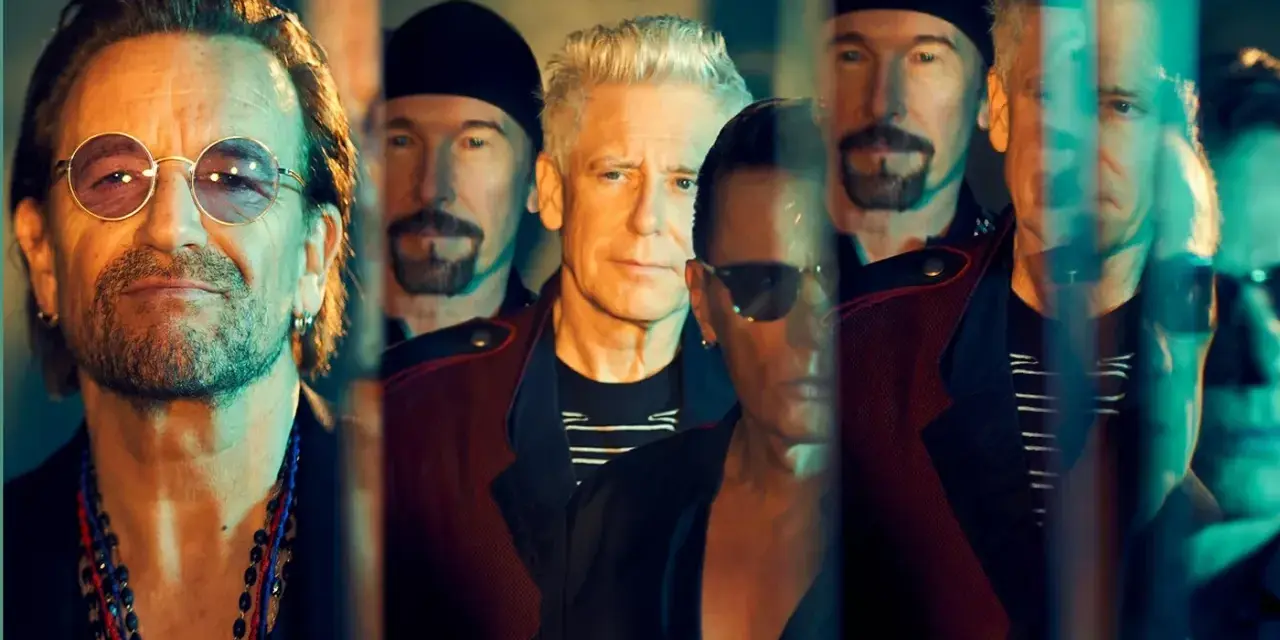 Le groupe de rock irlandais connu U2, avec Bono au premier plan, dans une composition stylisée.