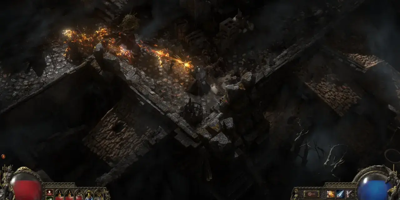 Combate en Path of Exile 2. Un guerrero lanza fuego contra enemigos en ruinas oscuras.