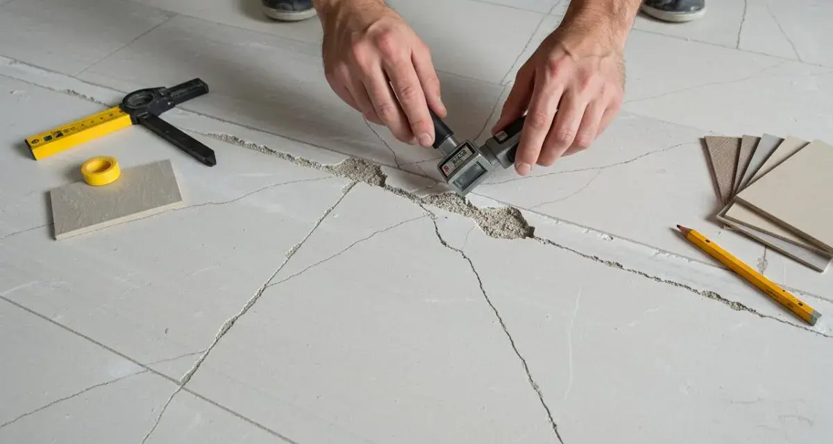 Inspection d'une fissure dans le chape avant la pose du carrelage. Outils de mesure et échantillons de carreaux à proximité.