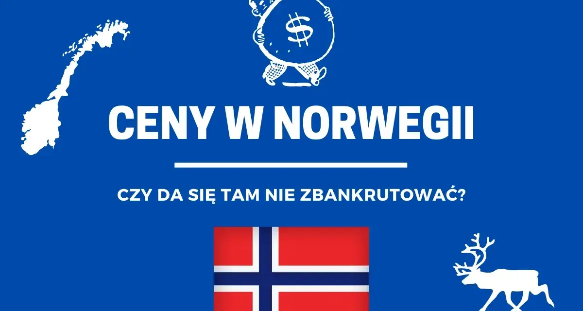 Ceny w Norwegii - czy da się tam nie zbankrutować? Mapa Norwegii, worek pieniędzy, flaga i renifer.