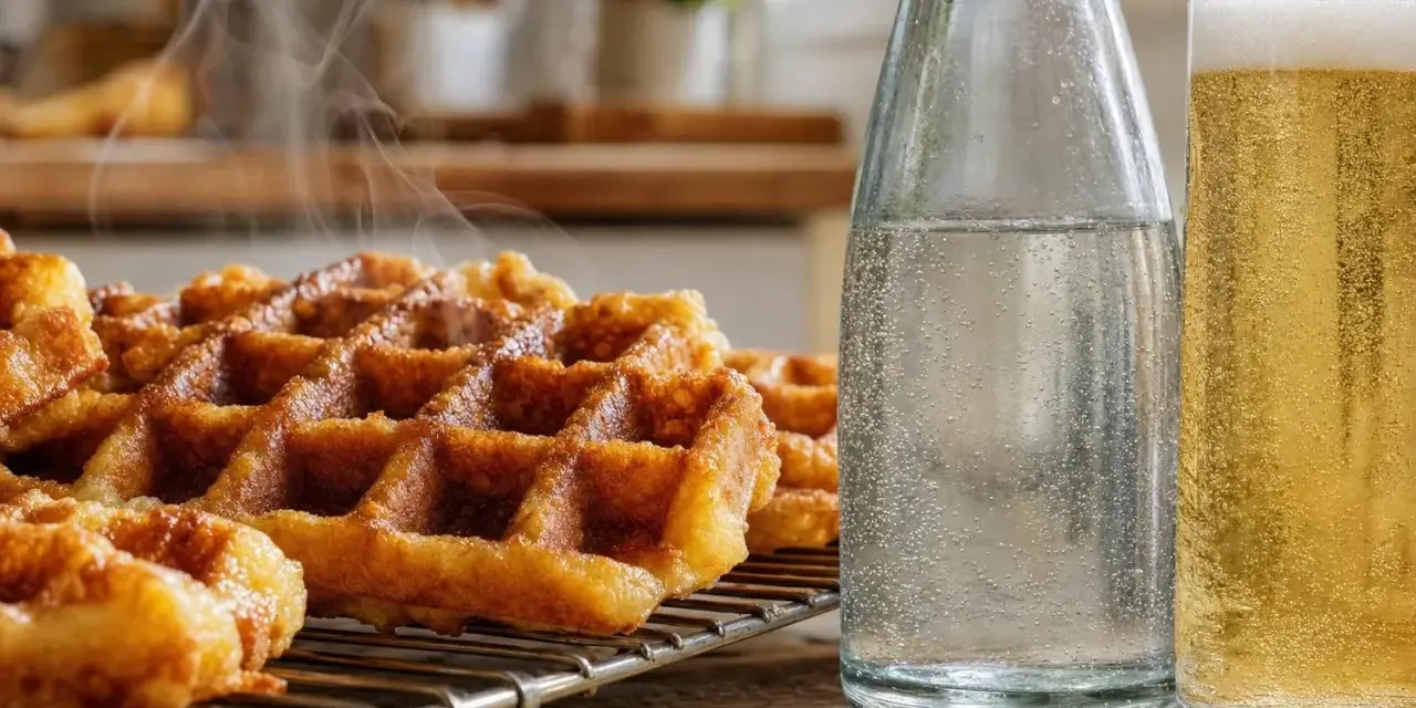 Gaufres croustillantes fumantes sur une grille, accompagnées d'une bouteille d'eau pétillante et d'un verre de bière dorée. Parfait pour une recette de gaufres croustillantes.
